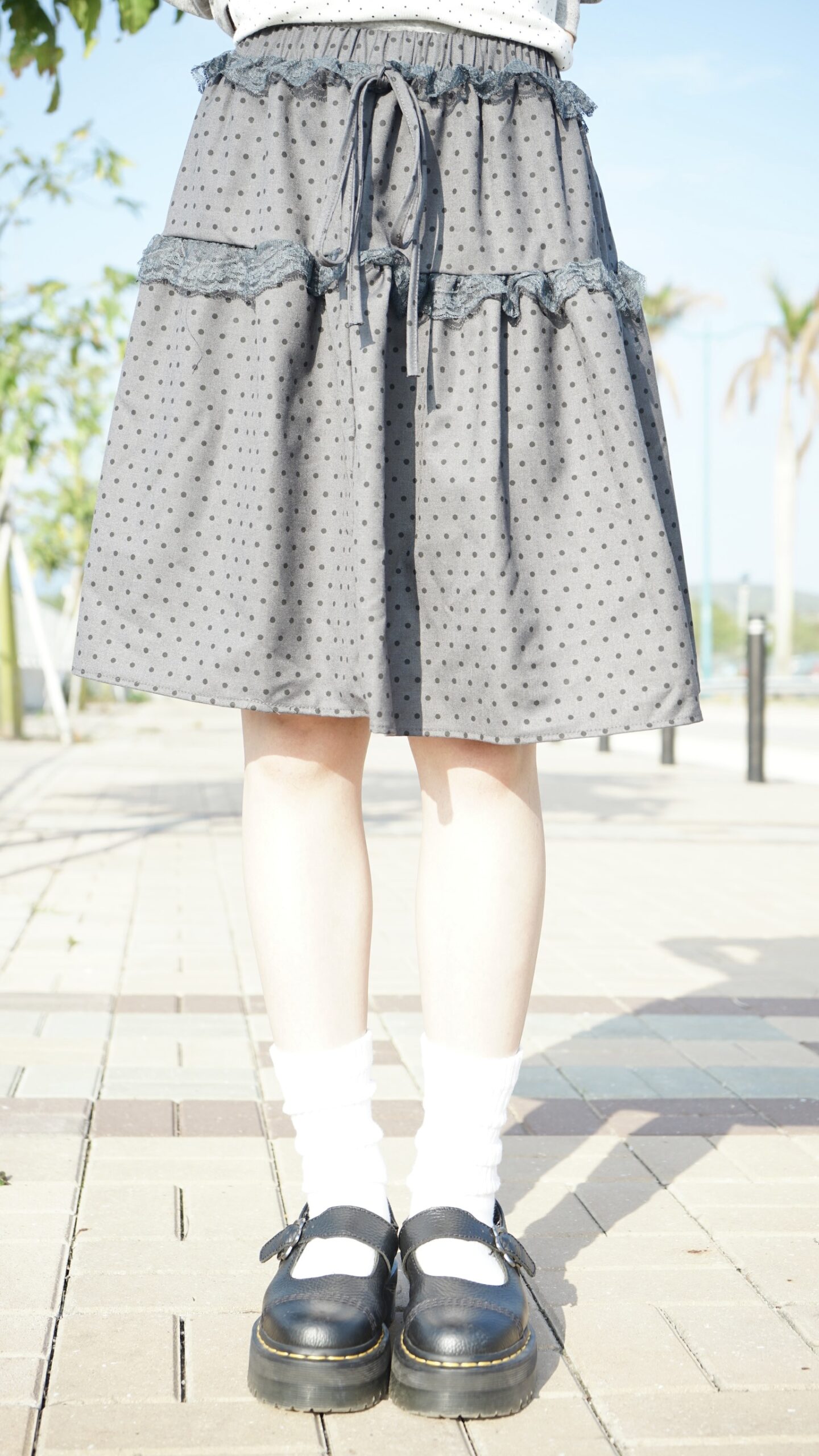 波點ruffle lace邊綁帶中長裙