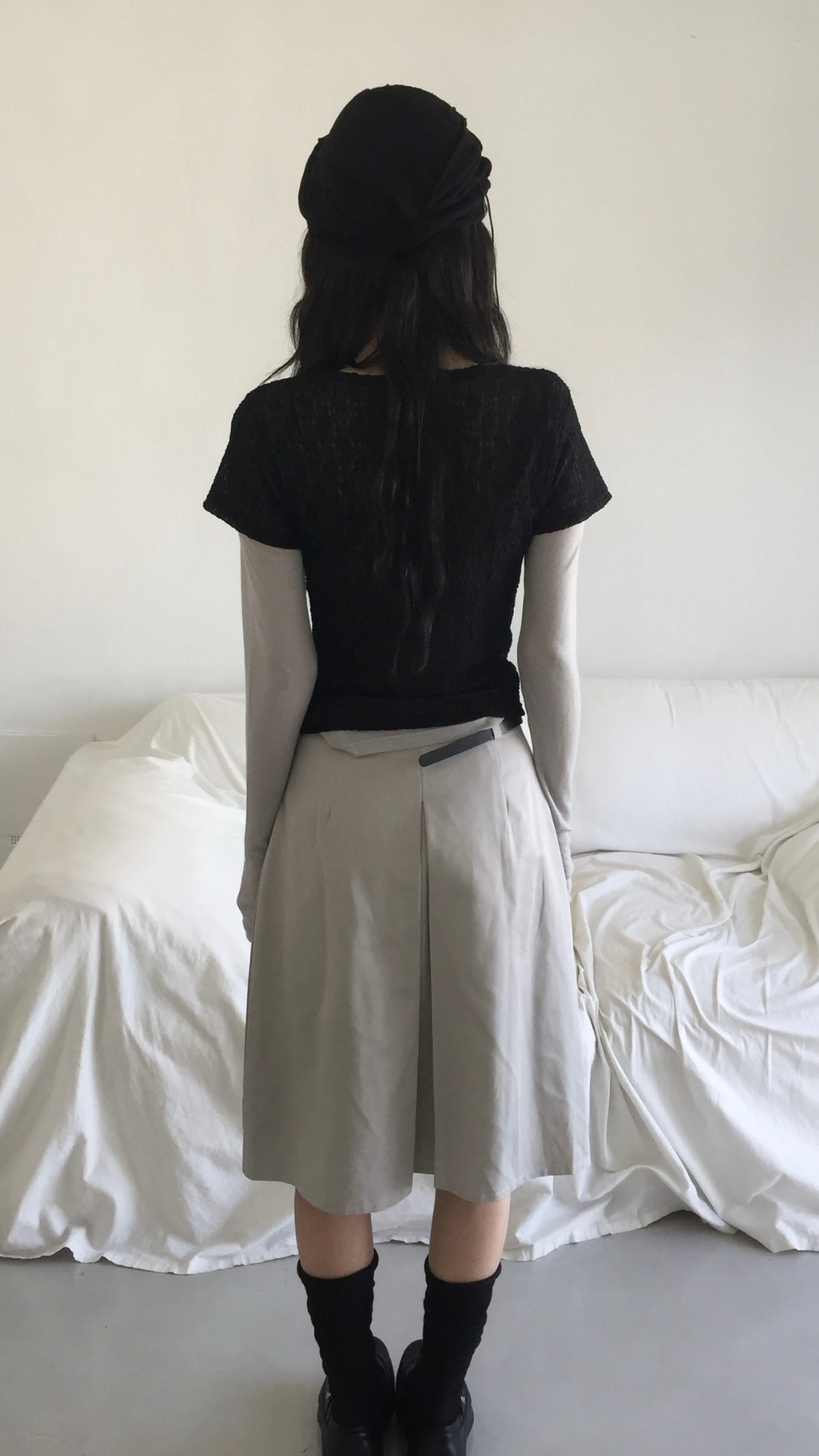 韓系棉質百褶中長裙
