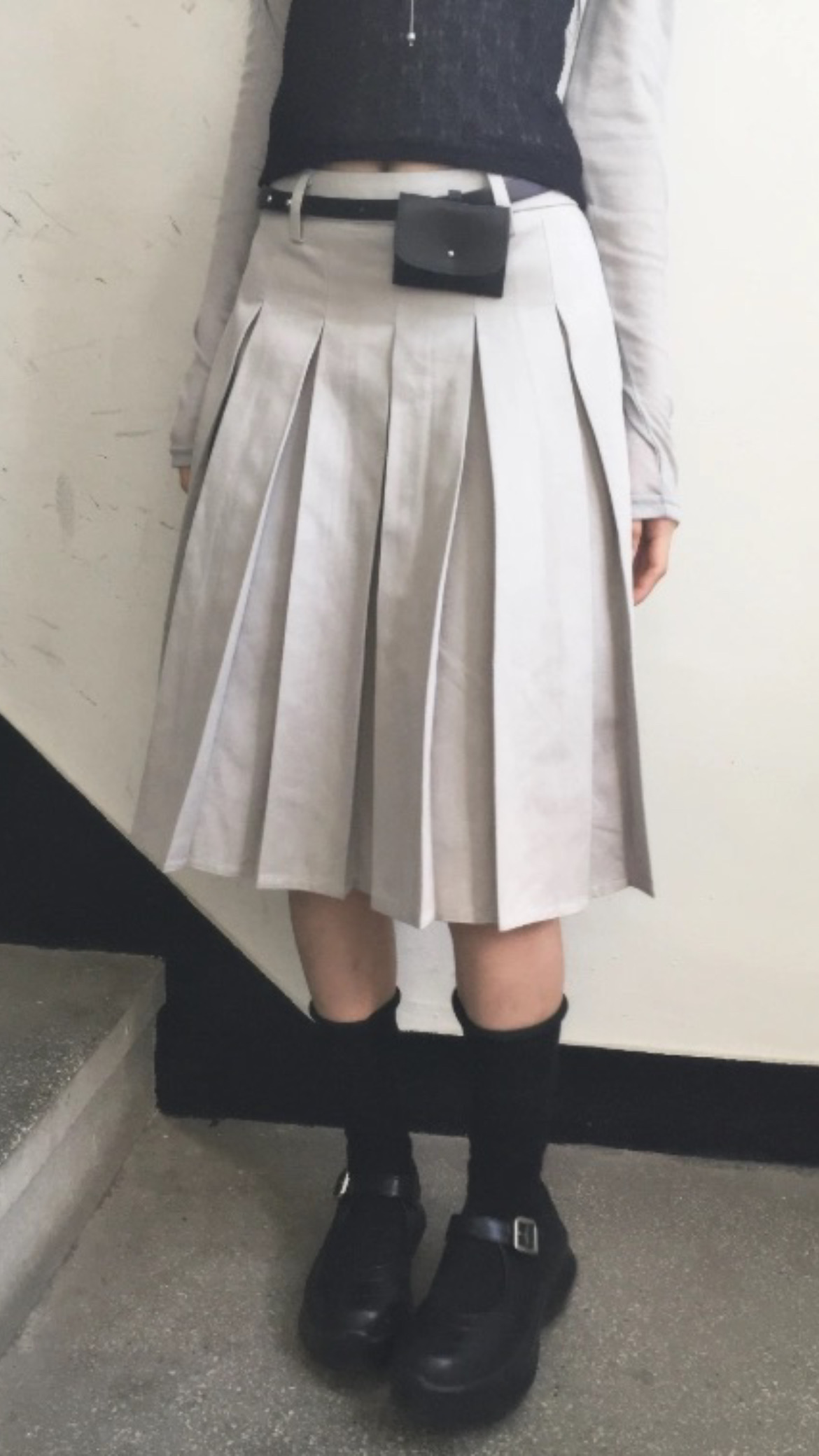 韓系棉質百褶中長裙