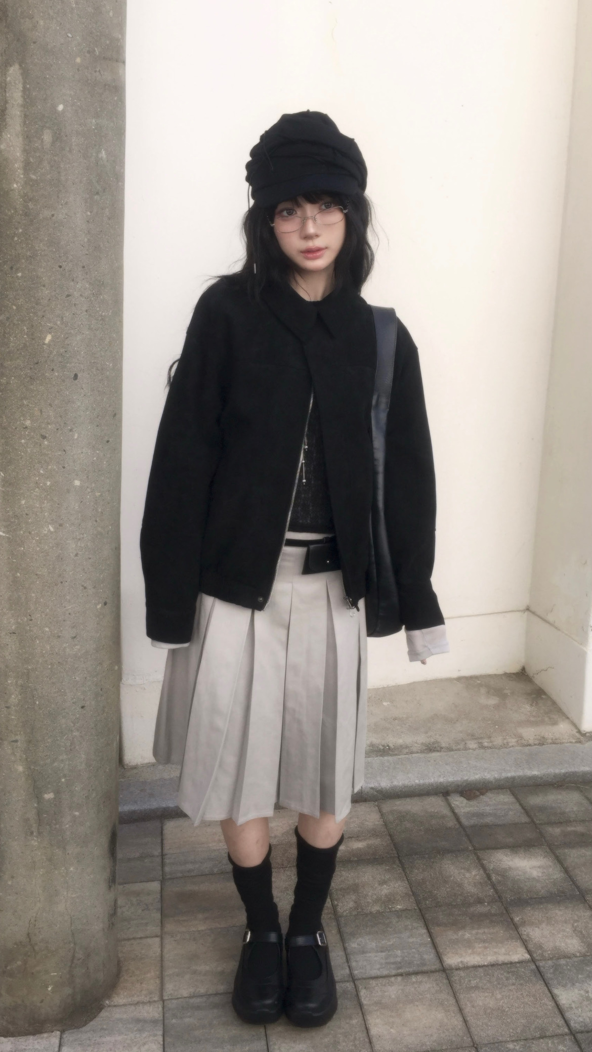 韓系棉質百褶中長裙