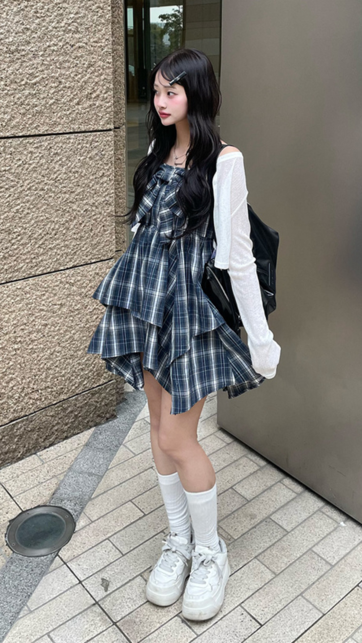 可愛層層大蝴蝶結格紋吊帶裙
