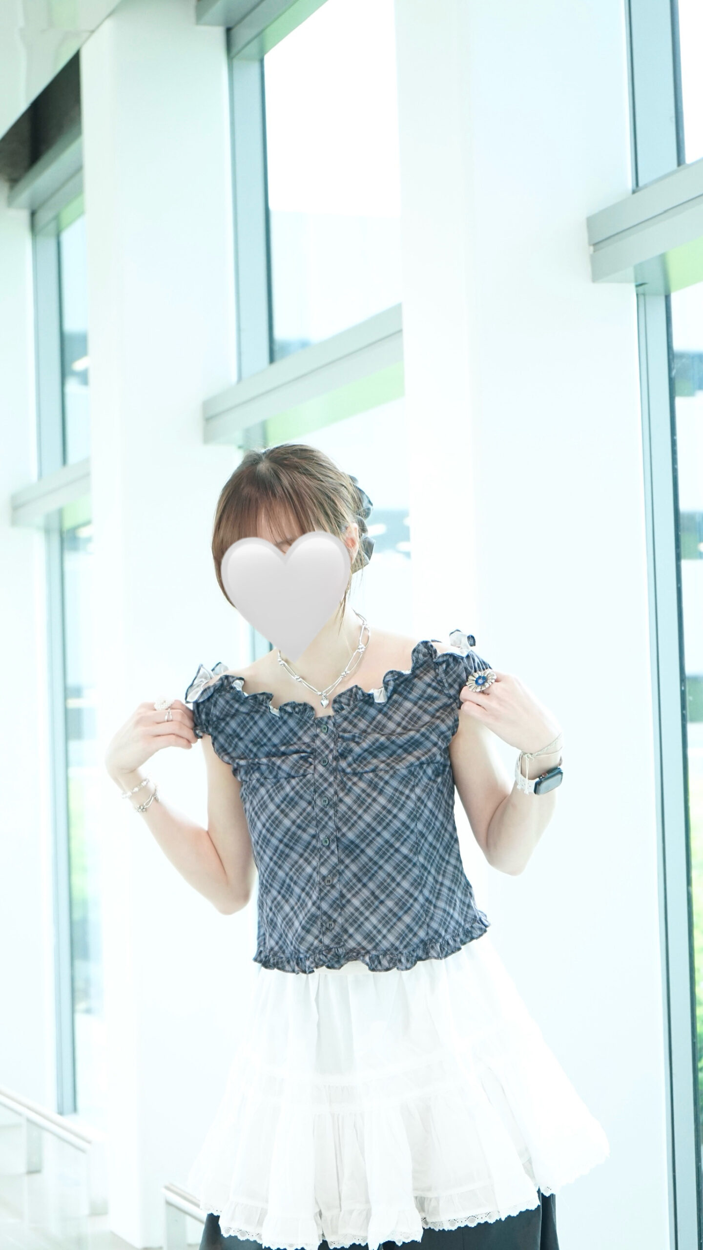 顯瘦～舒服滑滑格紋一字膊top